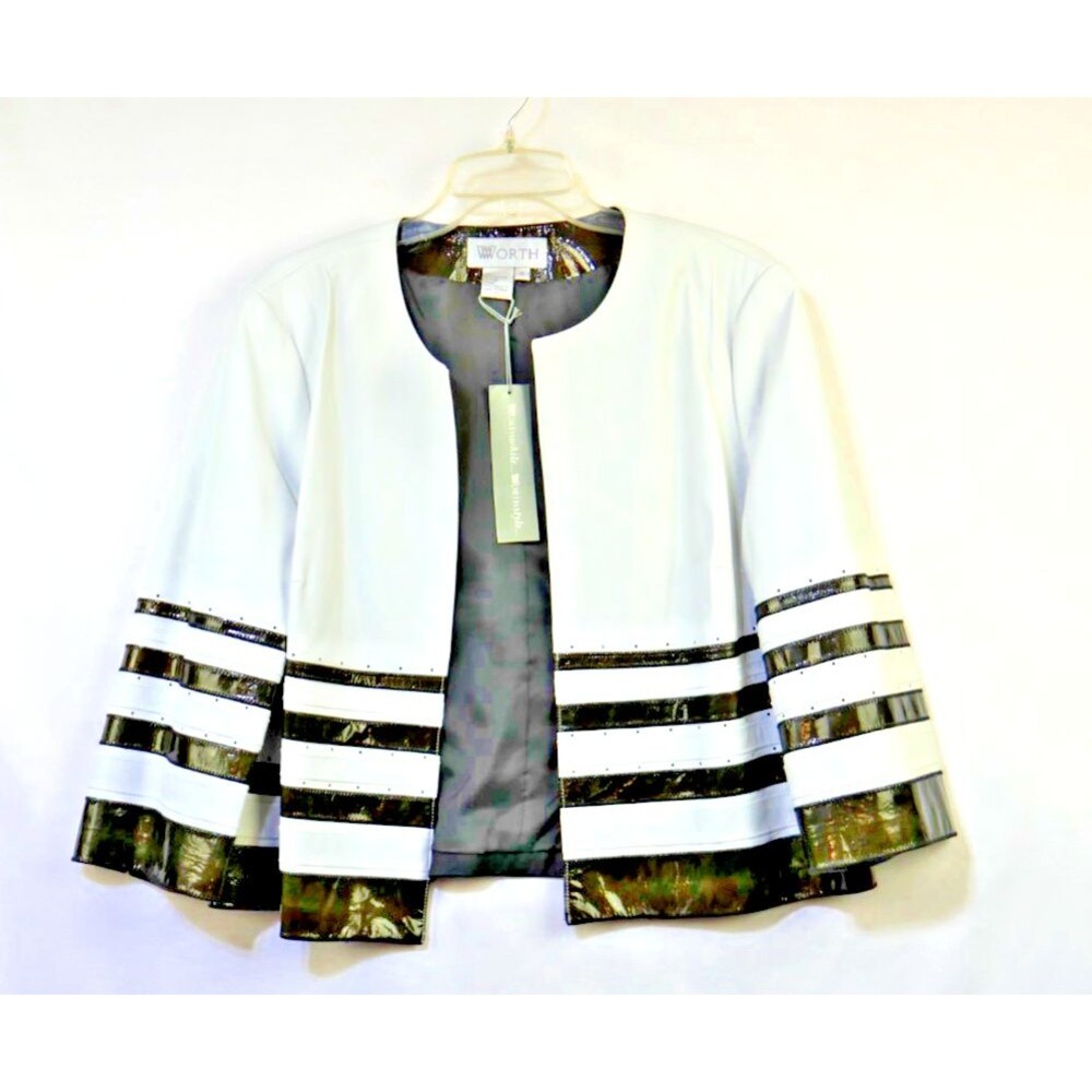 W Worth Optic White Leather Border Jacket Size 16 Dressy Lined Open Front